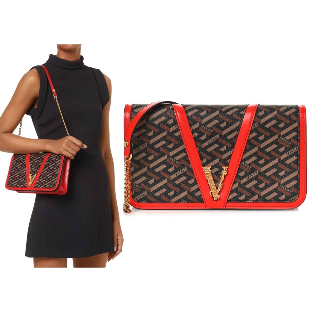 Versace Virtus La Greca Women's Coated Canvas Leather Shoulder Bag Black Caramel